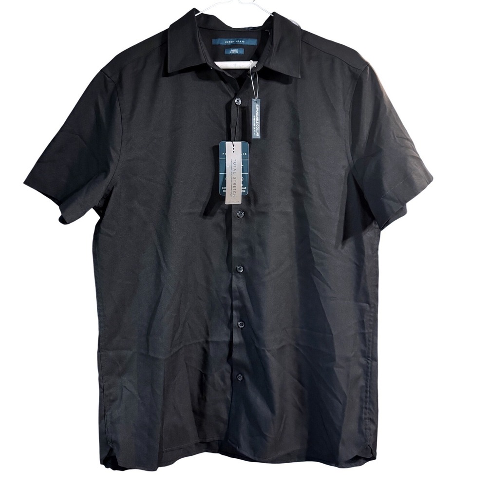Perry Ellis Shirt Mens M Slim Fit Stretch Black Polyester Short Sleeve Travel M